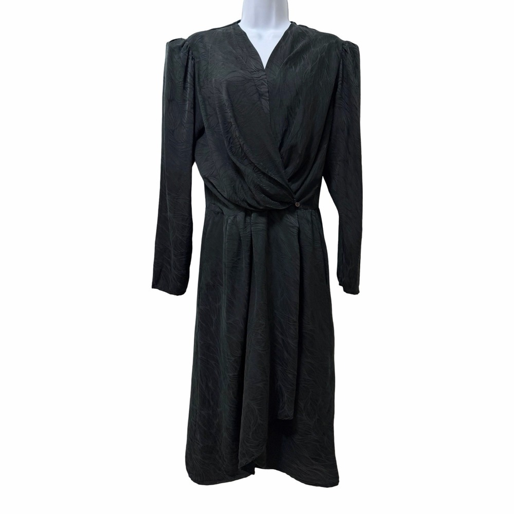 Vintage 80s ARGENTI Silk Long Sleeve Cocktail Wrap Midi Dress Size 10 Black Luxe